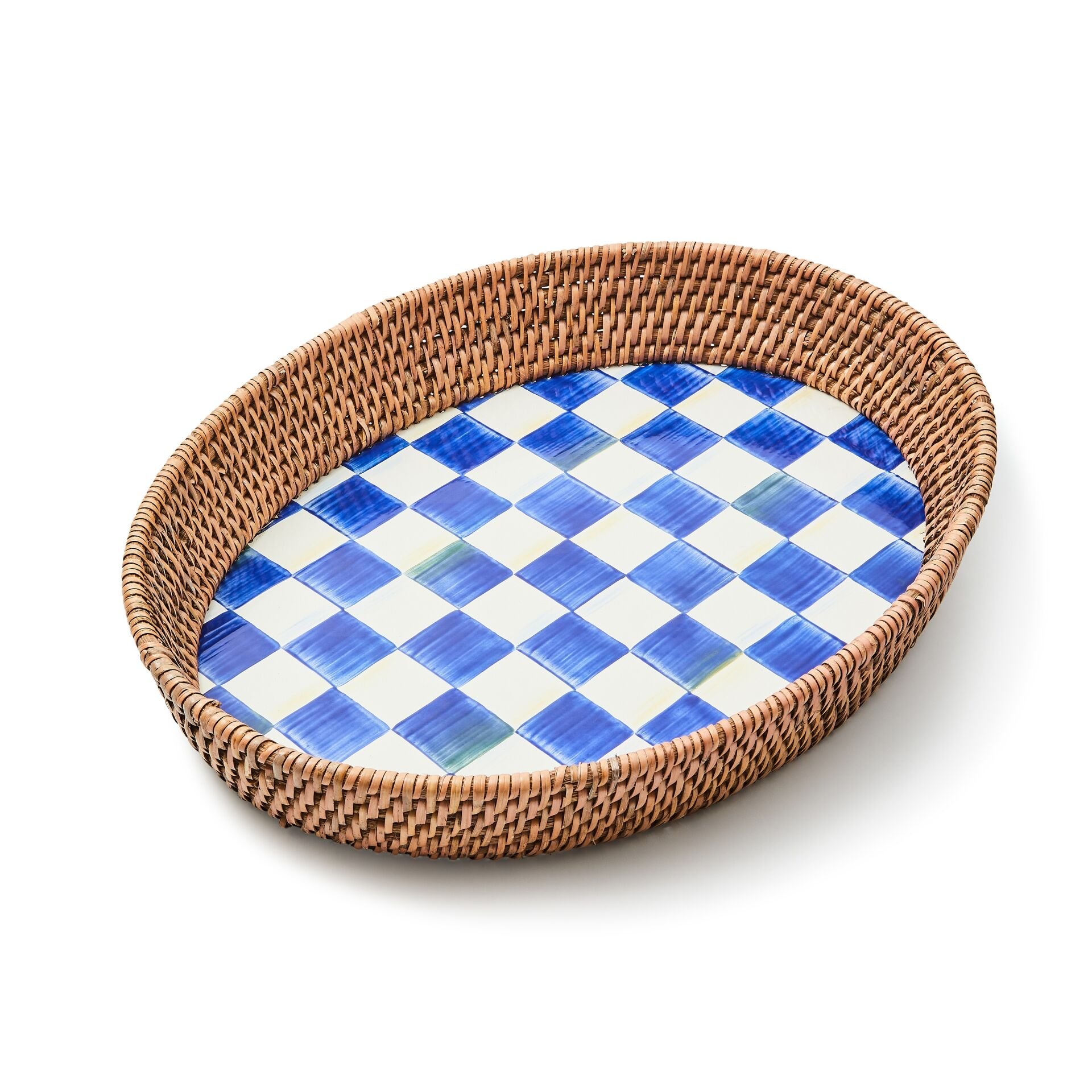 Royal Check Large Enamel & Rattan Serving Tray