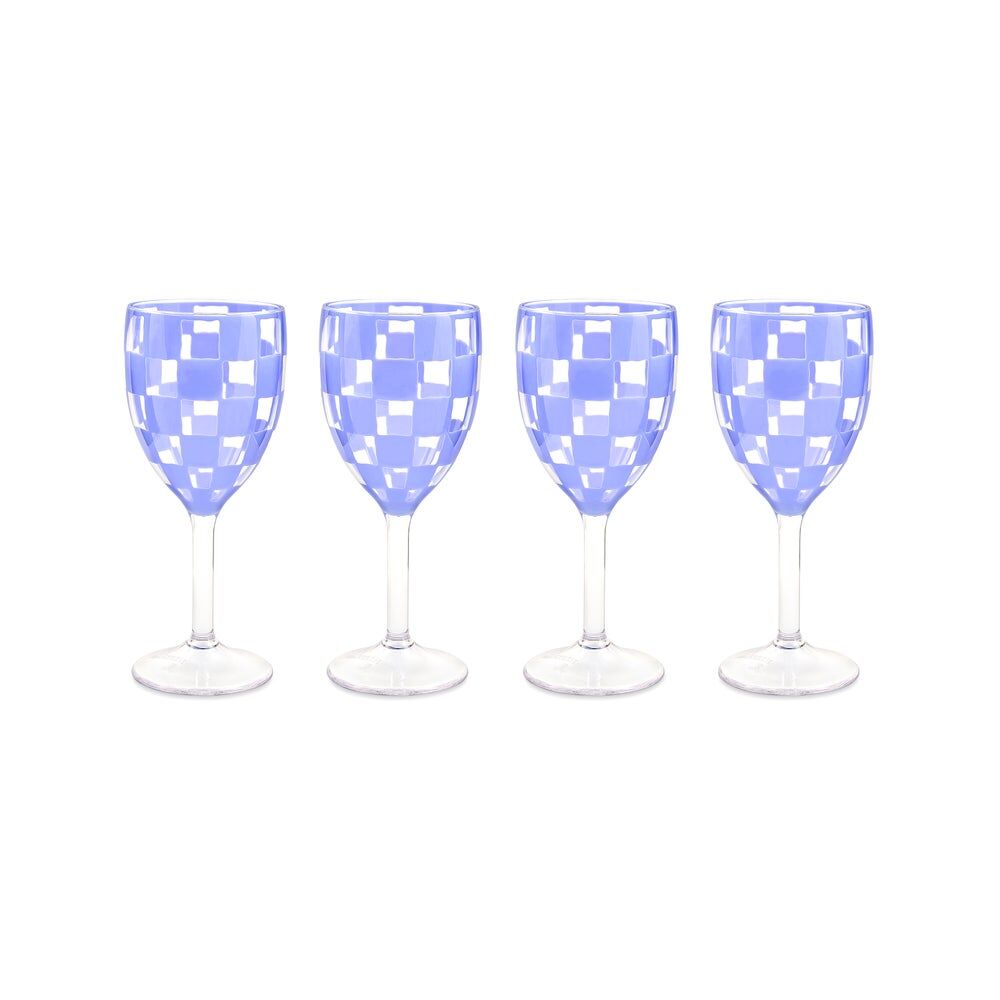 Blue Check Acrylic Wine Goblets, Set of 4