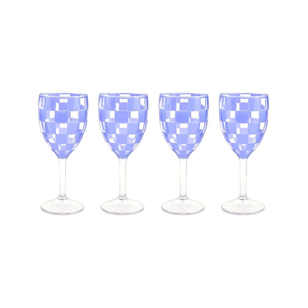 Blue Check Acrylic Wine Goblets, Set of 4