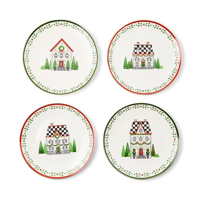 Holly Village Ceramic Dessert Plates, Set of 4