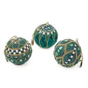 Emerald Luxe Beaded Ball Ornaments, Set of 3