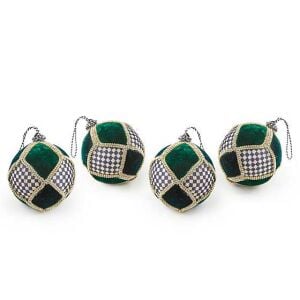 Emerald Luxe Patchwork Ball Ornaments, Set of 4