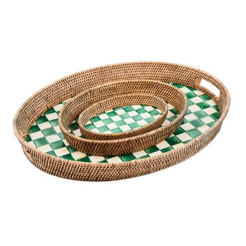 Emerald Check Enamel & Rattan Small Tray
