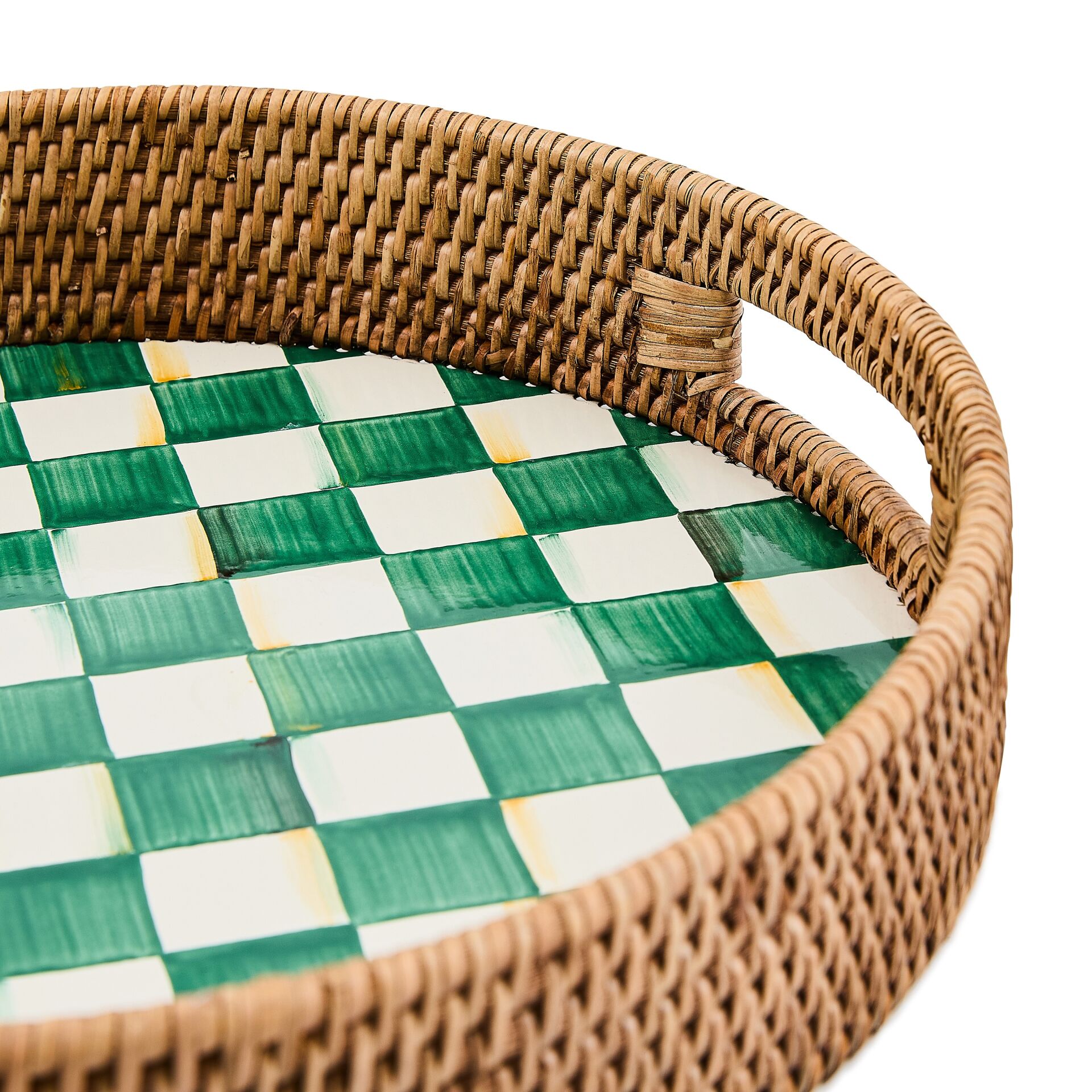 Emerald Check Enamel & Rattan Round Serving Tray