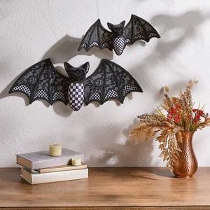 Haunted House Hanging Black Velvet & Check Bats, Set of 2
