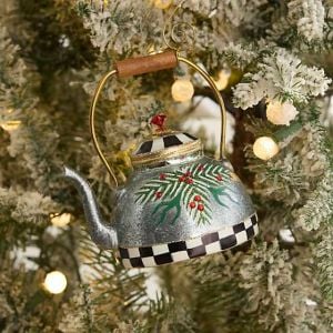 Farmhouse Holiday Tea Kettle Glass Ornament