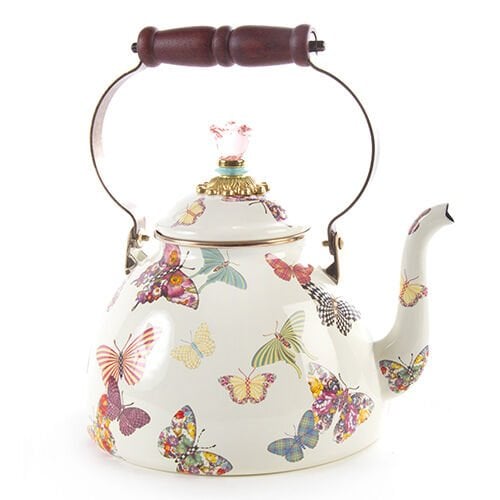 Butterfly Garden 3 Quart Tea Kettle - White