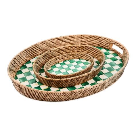 Emerald Check Enamel & Rattan Large Tray