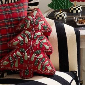 Holiday Red Tree Shaped Embroidered Throw Pillow