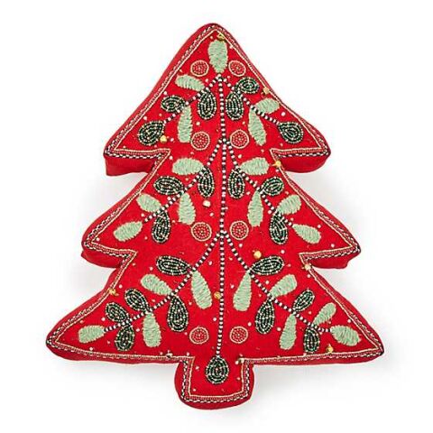 Holiday Red Tree Shaped Embroidered Throw Pillow