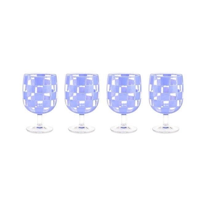 Blue Check Acrylic Water Goblets, Set of 4