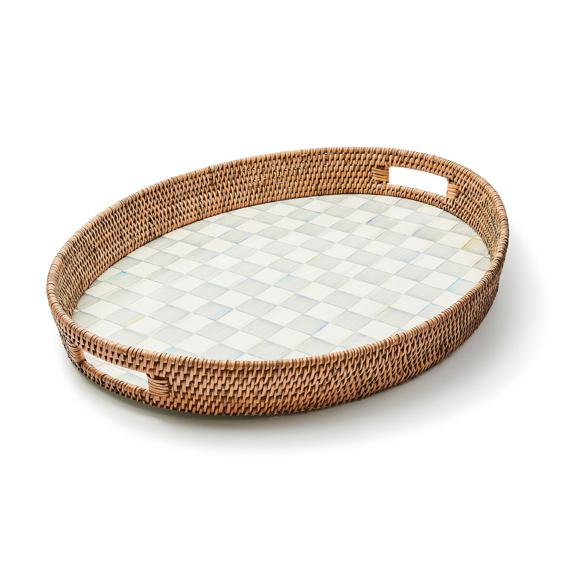 Sterling Check Enamel & Rattan Party Tray