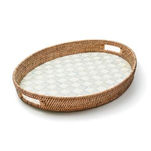 Sterling Check Enamel & Rattan Party Tray