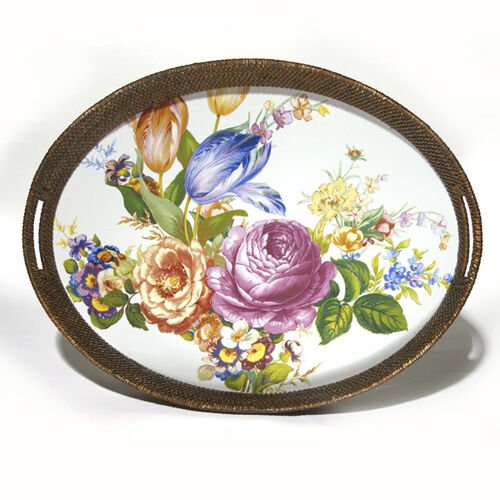 Flower Market Rattan & Enamel Party Tray - White