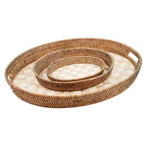 Mocha Check Enamel & Rattan Small Tray