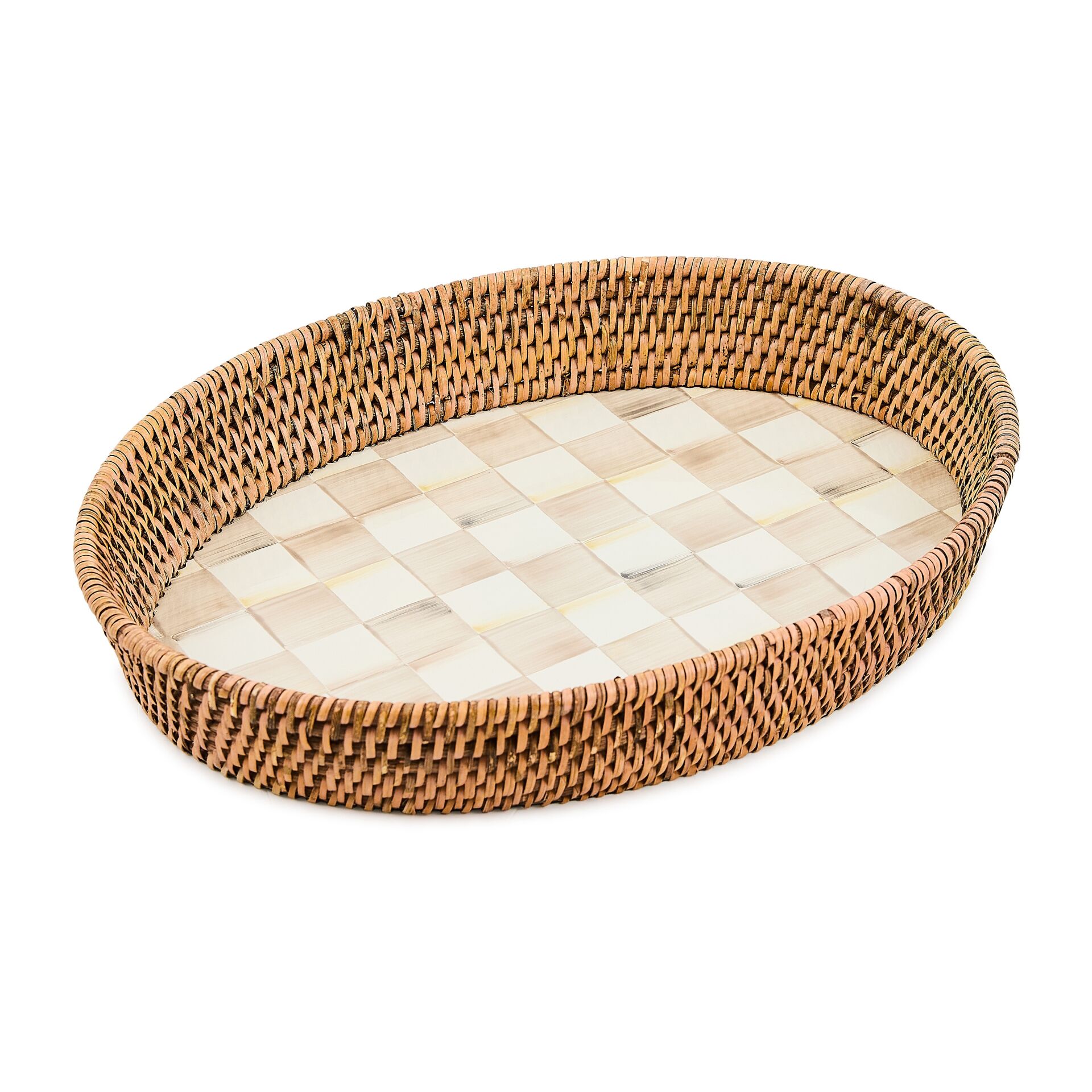 Mocha Check Enamel & Rattan Large Tray