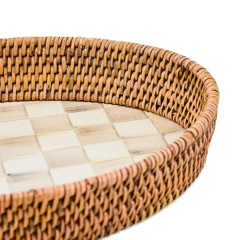 Mocha Check Enamel & Rattan Large Tray