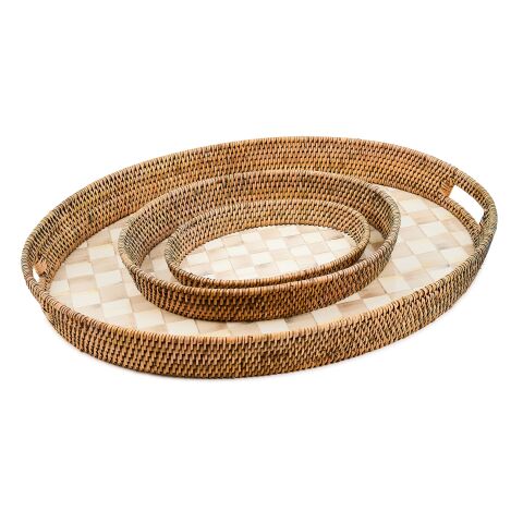Mocha Check Enamel & Rattan Large Tray