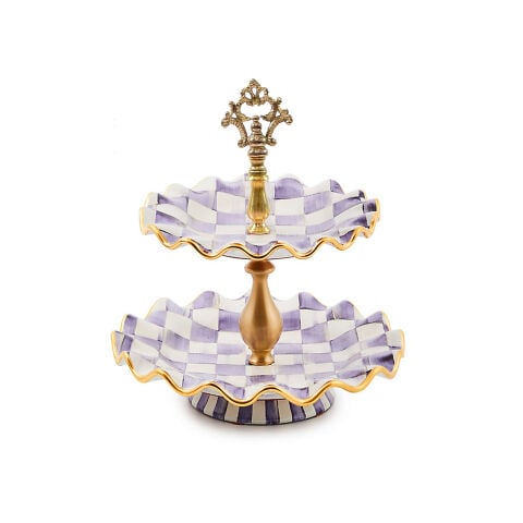 Violet Check Ceramic Two Tier Sweet Stand