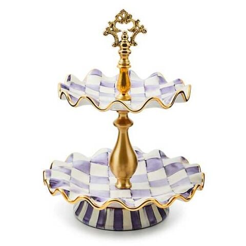 Violet Check Ceramic Two Tier Sweet Stand