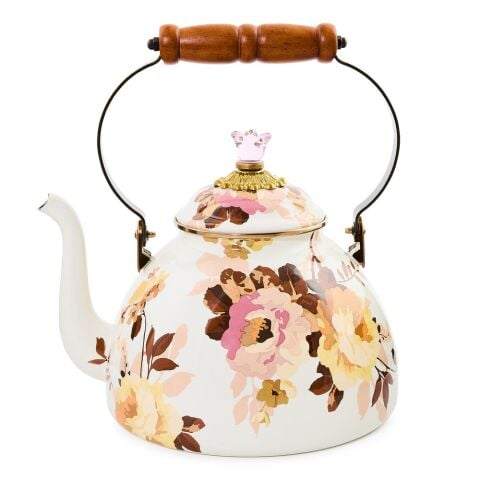 Wild Rose White 3 Quart Tea Kettle