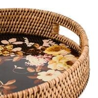 Wild Rose Brown Enamel & Rattan Round Serving Tray
