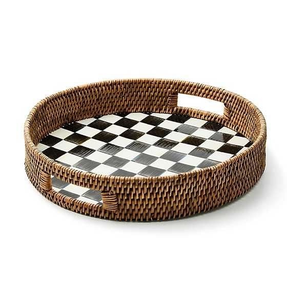 Courtly Check Enamel & Rattan Round Serving Tray