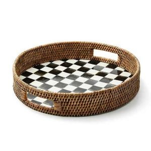 Courtly Check Enamel & Rattan Round Serving Tray