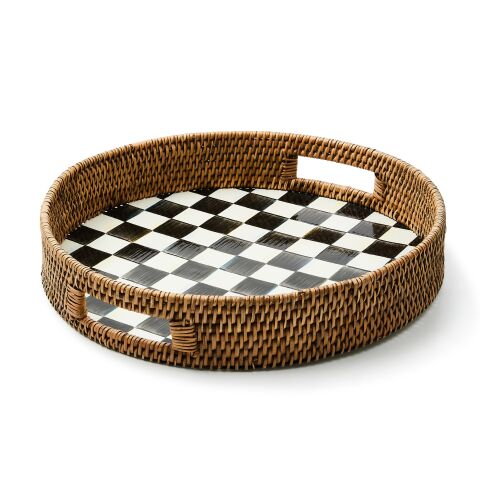 Courtly Check Enamel & Rattan Round Serving Tray