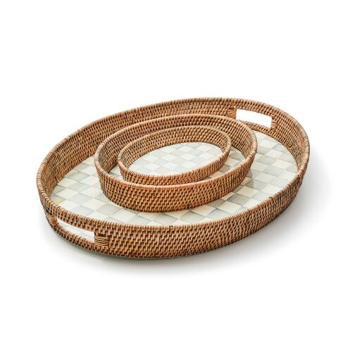 Sterling Check Large Enamel & Rattan Serving Tray