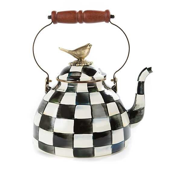 Courtly Check Enamel 3 Qt Tea Kettle with Bird