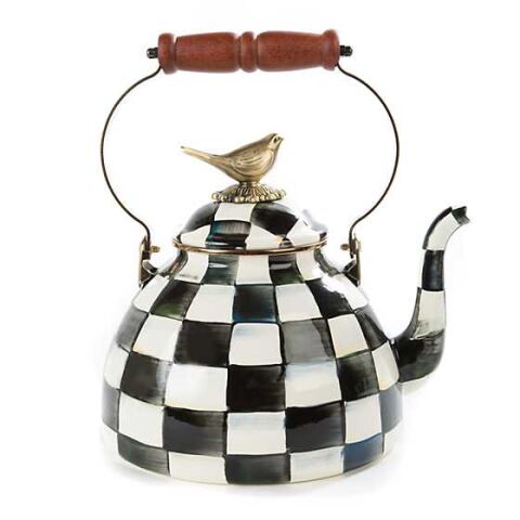 Courtly Check Enamel 3 Qt Tea Kettle with Bird
