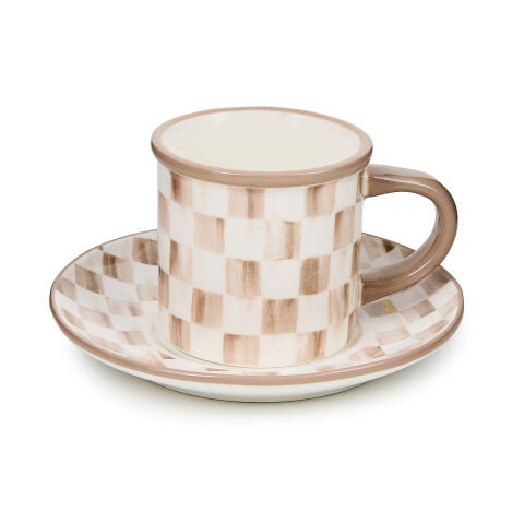 Mocha Check Espresso Cup and Saucer Set of 2