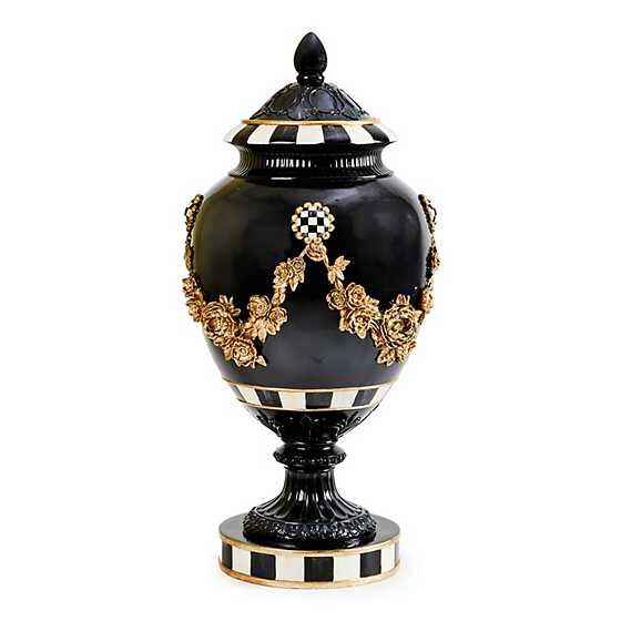 Haunted House Gold Floral Black Pedestal Urn