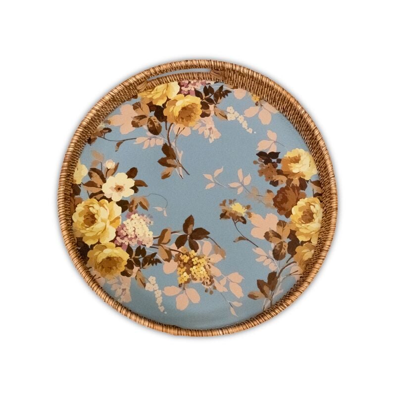 Wild Rose Slate Enamel & Rattan Round Tray