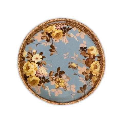 Wild Rose Slate Enamel & Rattan Round Tray