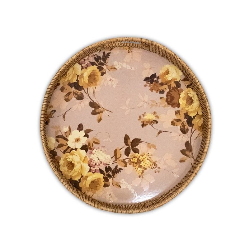 Wild Rose Mauve Enamel & Rattan Round Tray