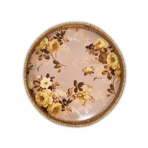 Wild Rose Mauve Enamel & Rattan Round Tray