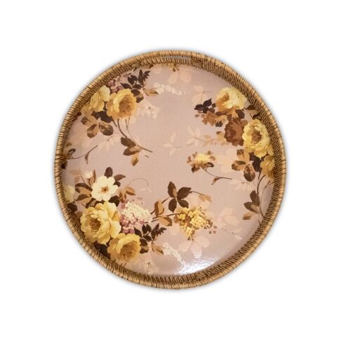 Wild Rose Mauve Enamel & Rattan Round Tray