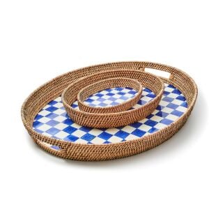 Royal Check Small Enamel & Rattan Serving Tray