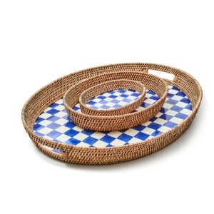 Royal Check Small Enamel & Rattan Serving Tray