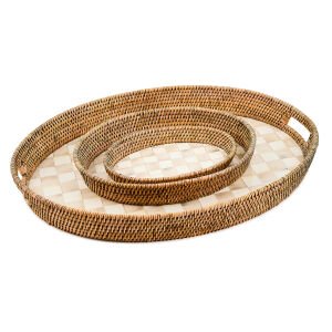 Mocha Check Enamel & Rattan Party Tray