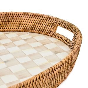 Mocha Check Enamel & Rattan Party Tray