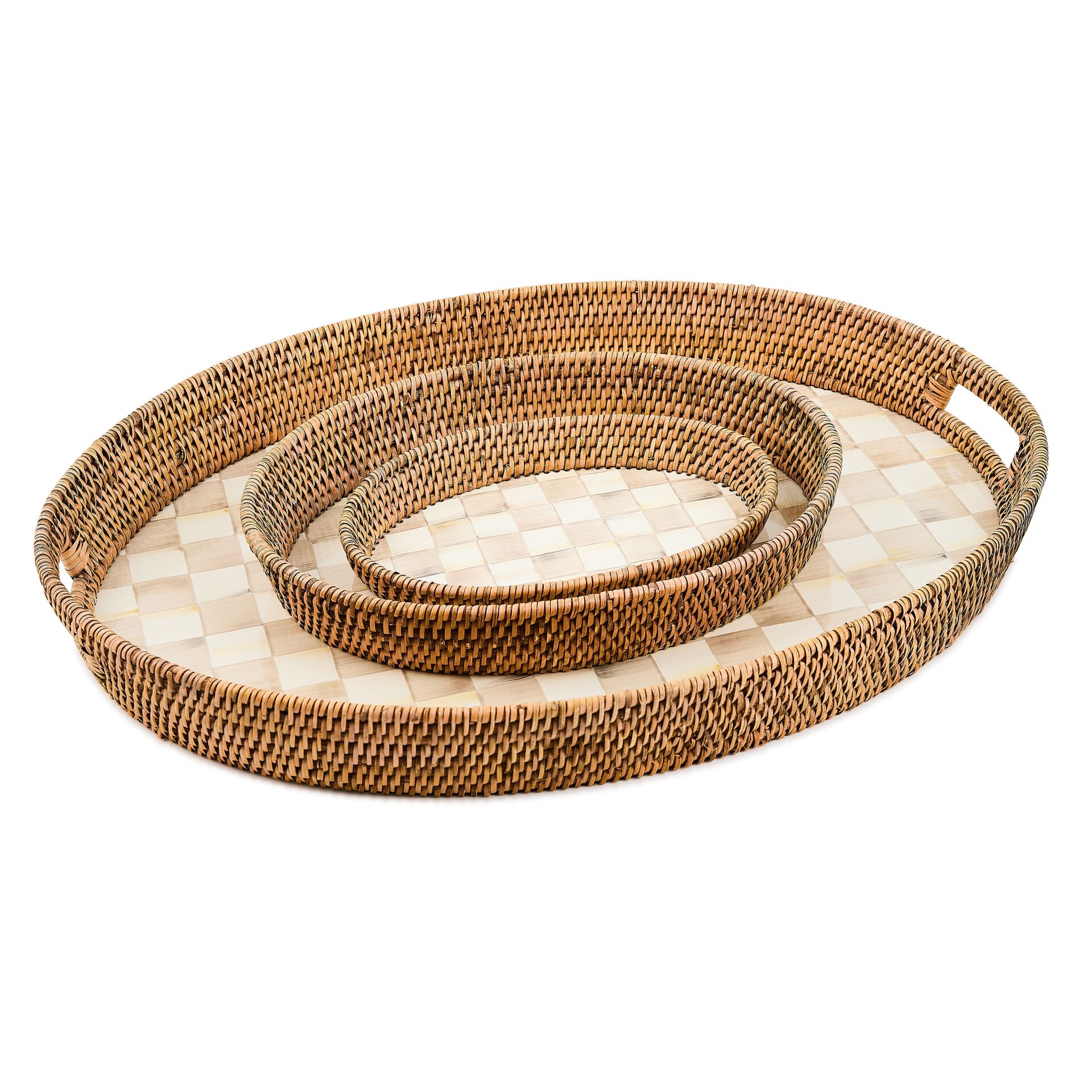 Mocha Check Enamel & Rattan Party Tray