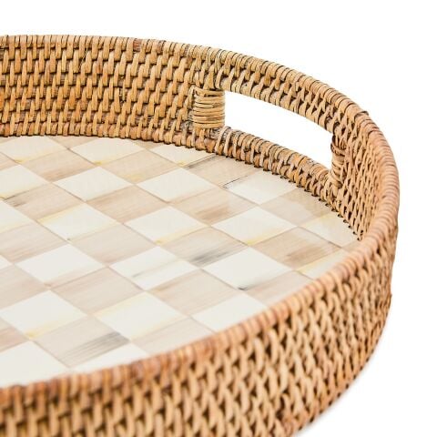 Mocha Check Enamel & Rattan Round Serving Tray